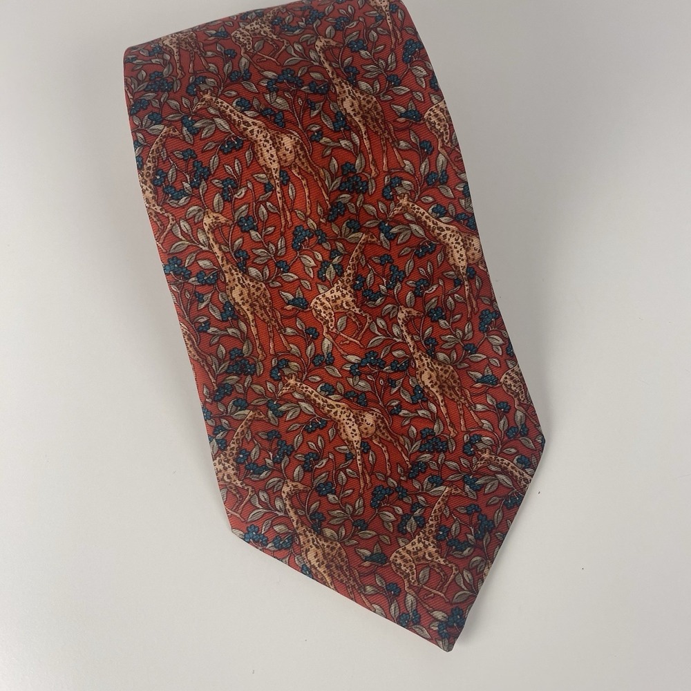 Vintage‎ Burberry's Of London Red Silk Tie "Giraffes"  W 3.75" L 60"